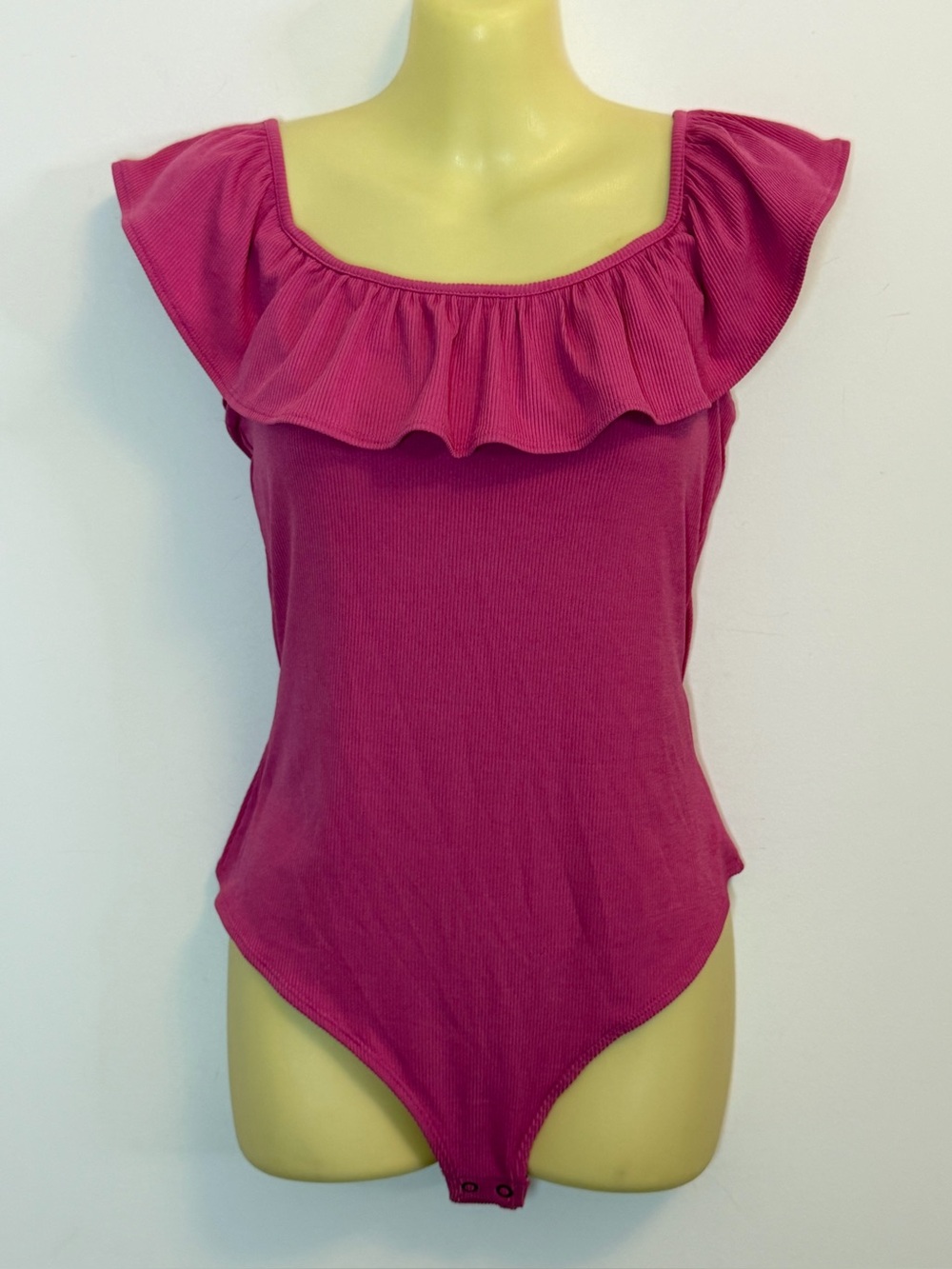 Express Magenta Ruffled Off Shoulder Thong Bodysuit
